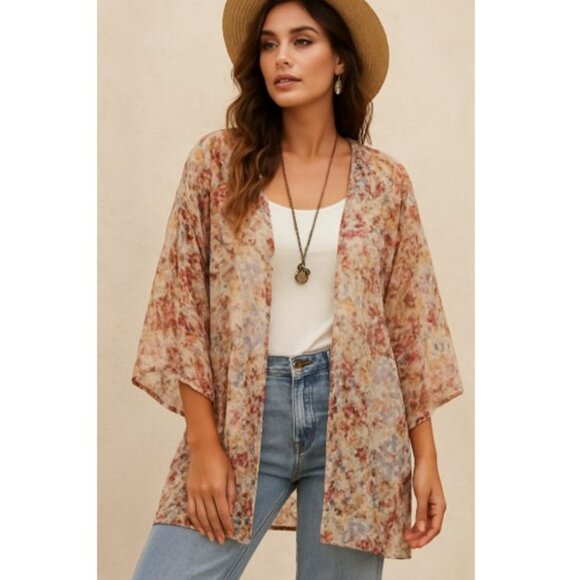 Boho Floral Sheer Kimono Cardigan Open Front Lightweight Layering Top Size 14 - Picture 1 of 13